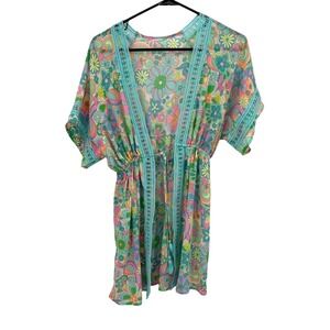 Boho Psychedelic Sheer Floral Kimono Coverup S Crochet Trim Retro Festival Indie